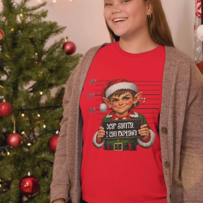 Video of a smiling woman in a red Dear Santa I Can Explain funny Christmas elf t-shirt and gray cardigan next to a decorated Christmas tree