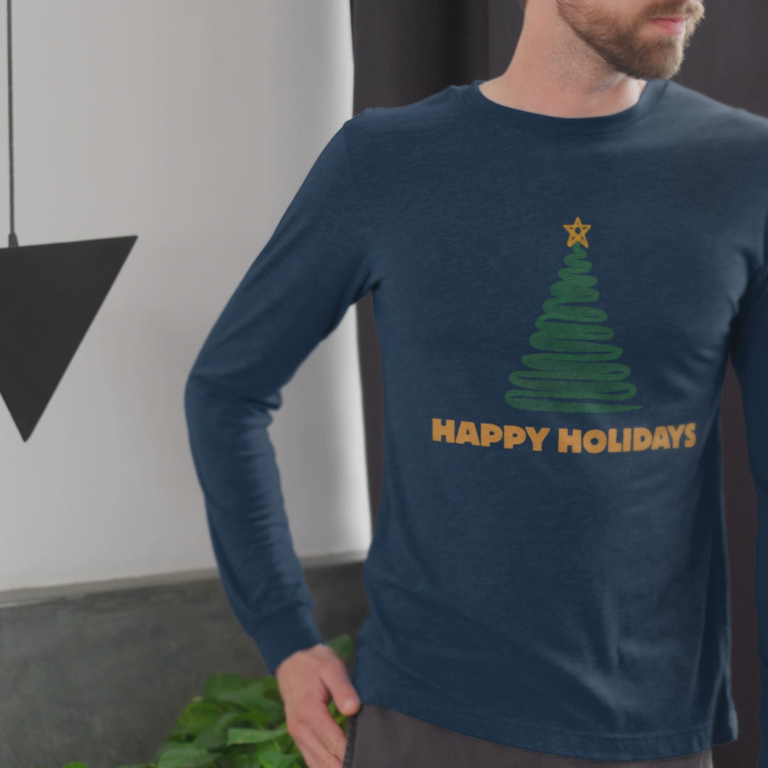 Video of a model wearing the navy ‘Happy Holidays’ long-sleeve shirt.