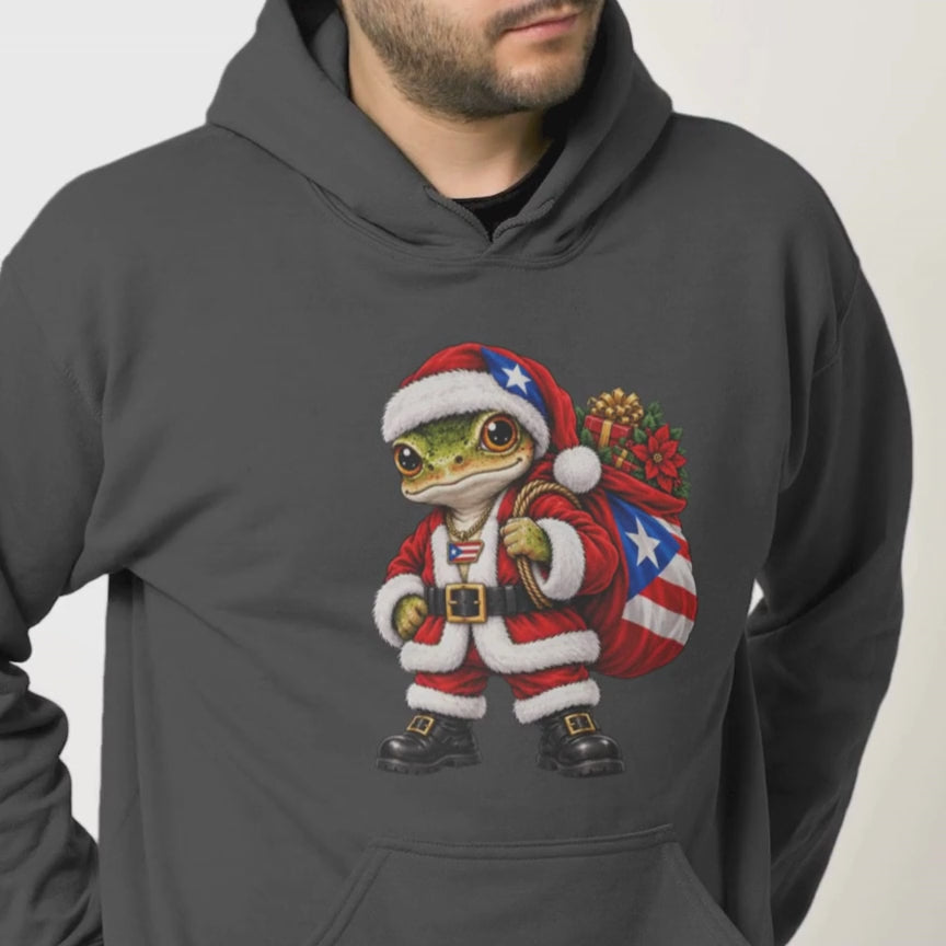 Person wearing a charcoal Puerto Rican coquí Santa hoodie showing the front design.