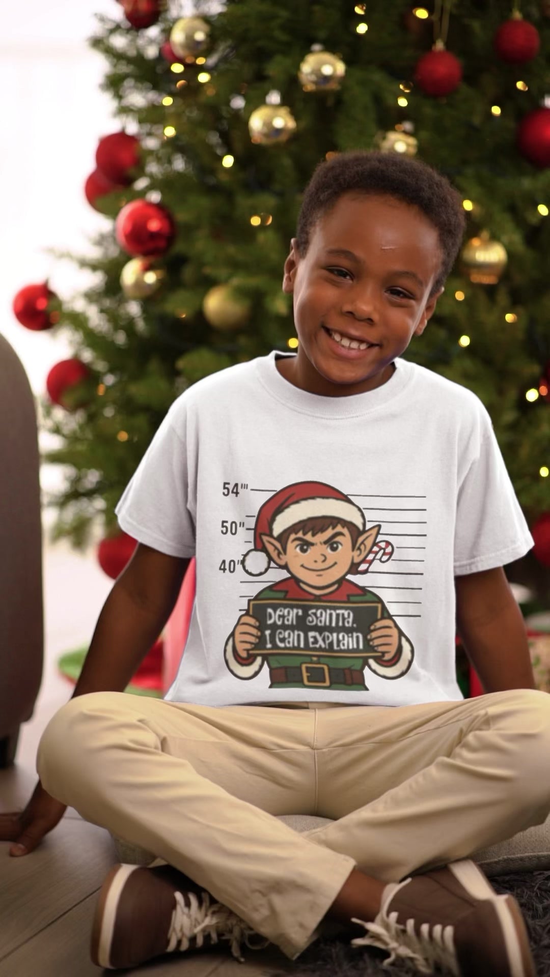(video) Video of a smiling child sitting by a Christmas tree in a white Dear Santa I Can Explain kids elf t-shirt