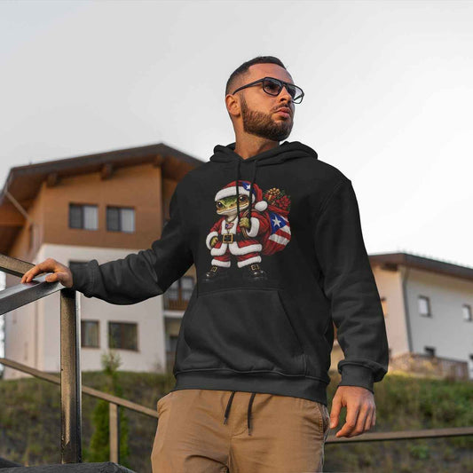 Puerto Rican Coquí Santa Adult Christmas Hoodie - Puerto Rico Sleeve