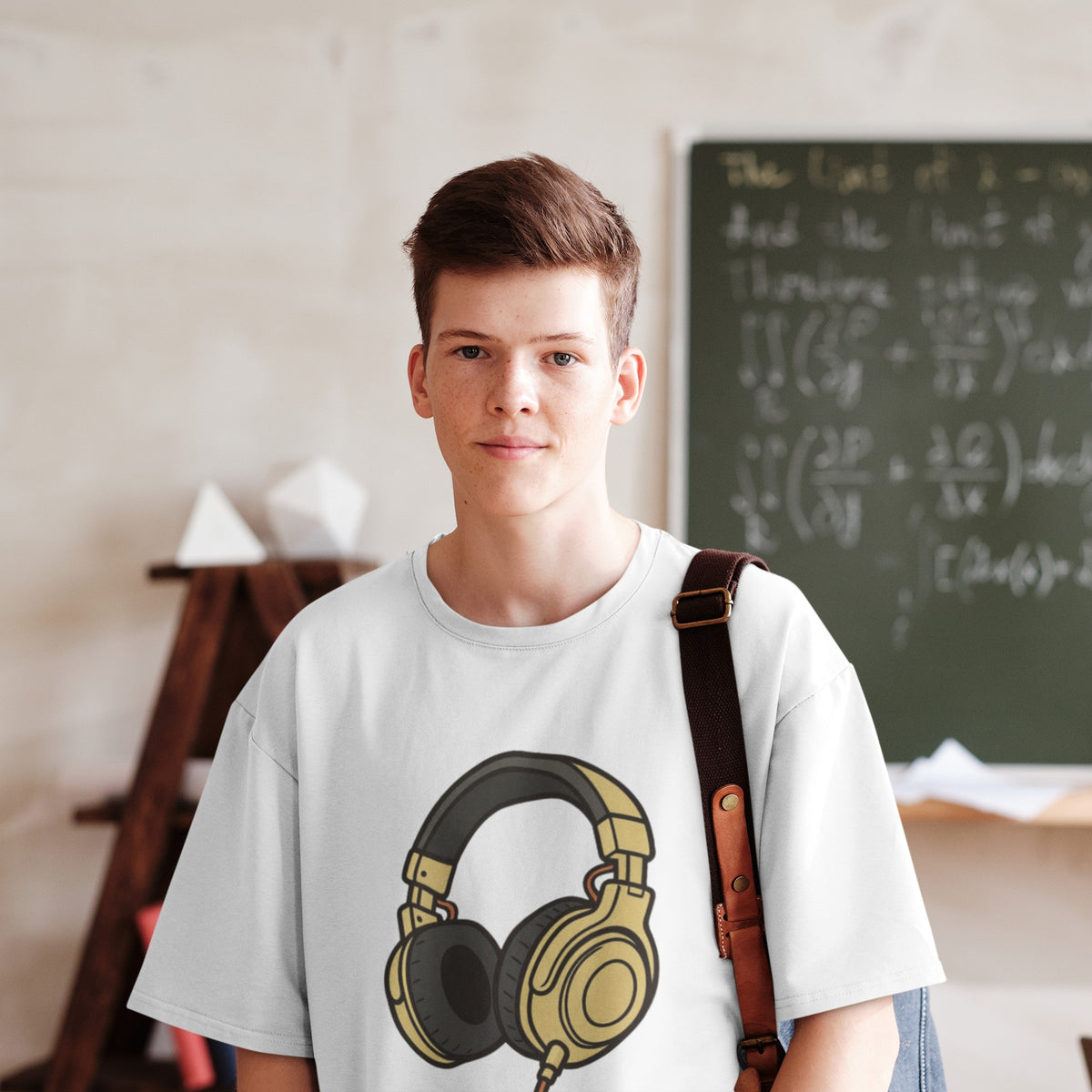 Teen boy wearing Adult Unisex Headphones Graphic T-Shirt in White, school lifestyle shot