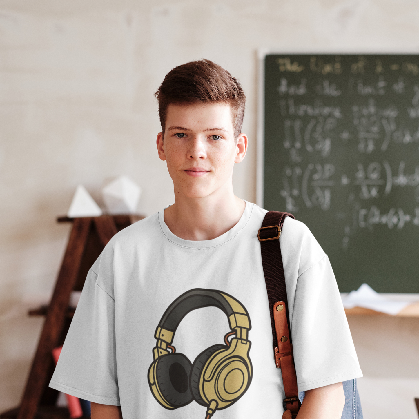 Teen boy wearing Adult Unisex Headphones Graphic T-Shirt in White, school lifestyle shot