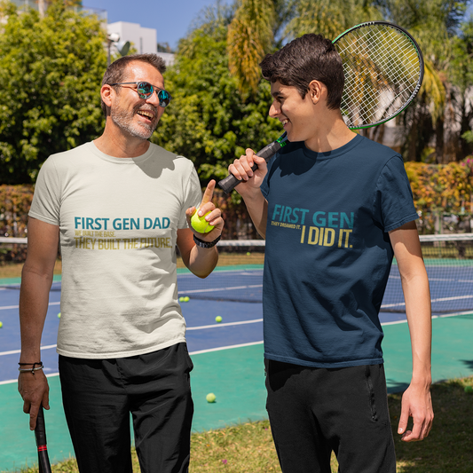 First Gen Dad tee in cream and First Gen I Did It tee in navy — dad and son wearing matching graduation streetwear tees — grad party outfit