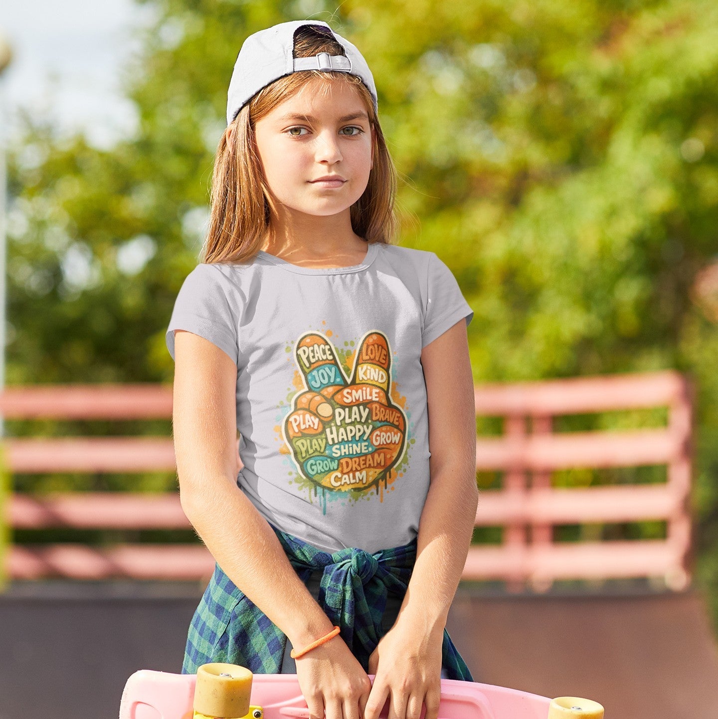 Girl wearing Kids Peace Sign T-Shirt in Athletic Heather, outdoor lifestyle shot