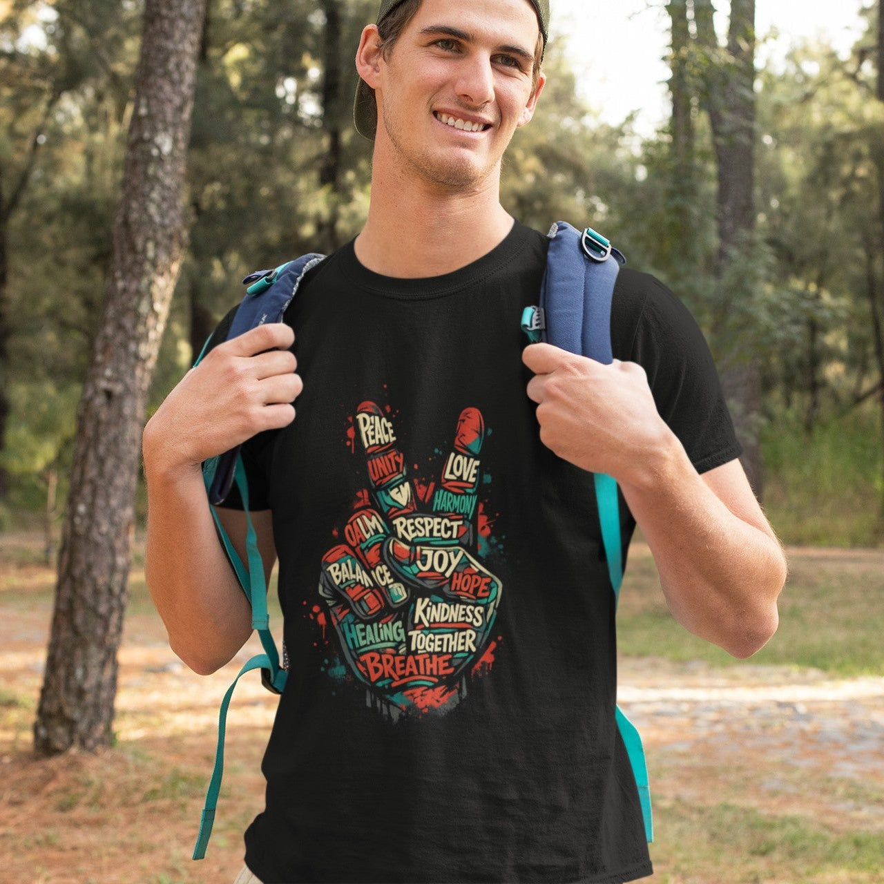 Man hiking outdoors wearing black Adult Peace Sign graphic t-shirt with bold positive words design

