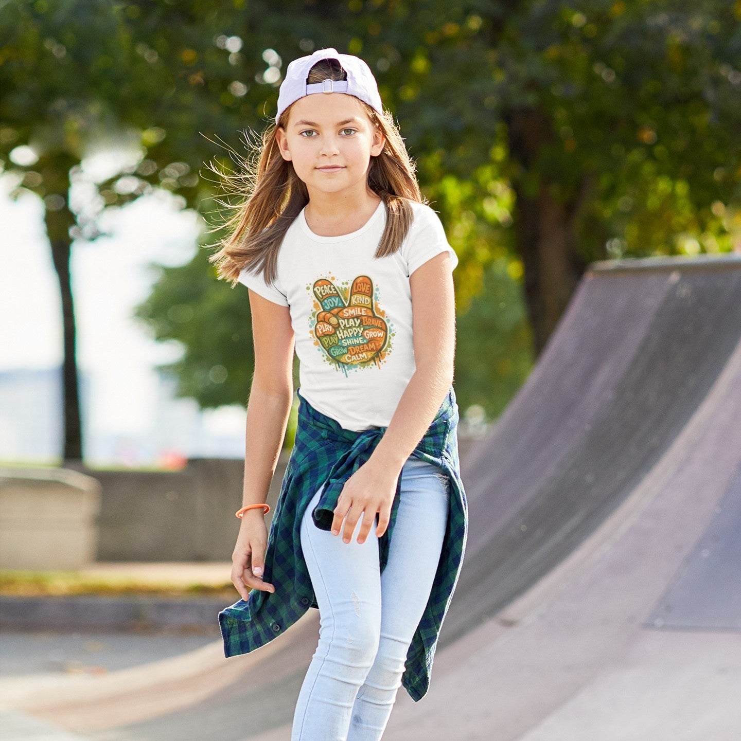 Girl wearing Kids Peace Sign T-Shirt in White, skate park lifestyle shot