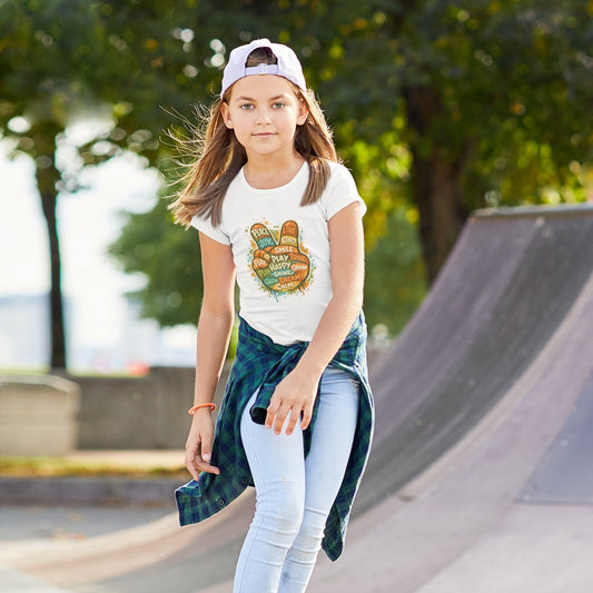 Girl wearing Kids Peace Sign T-Shirt in White, skate park lifestyle shot