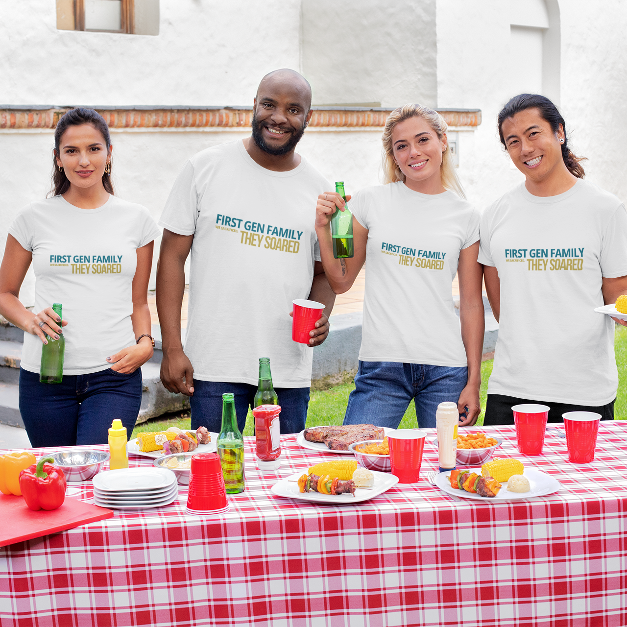 Diverse family group wearing First Gen Family They Soared graduation tees at outdoor BBQ celebration — streetwear grad party matching family shirts