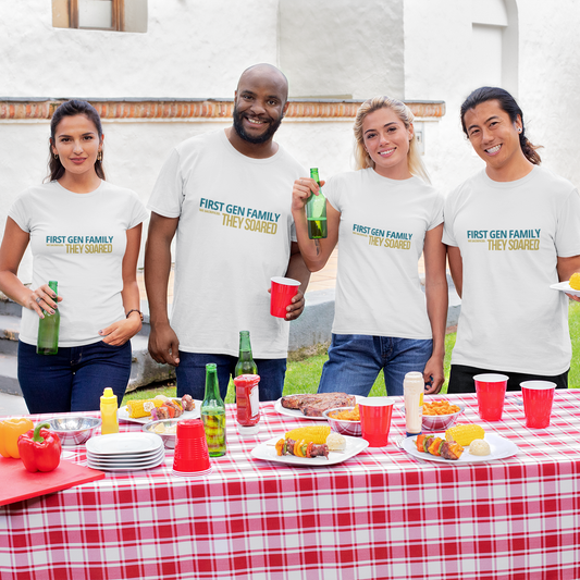 Diverse family group wearing First Gen Family They Soared graduation tees at outdoor BBQ celebration — streetwear grad party matching family shirts