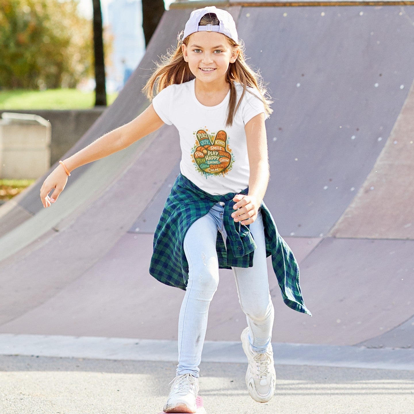 Girl wearing Kids Peace Sign T-Shirt in White, walking outdoor lifestyle shot