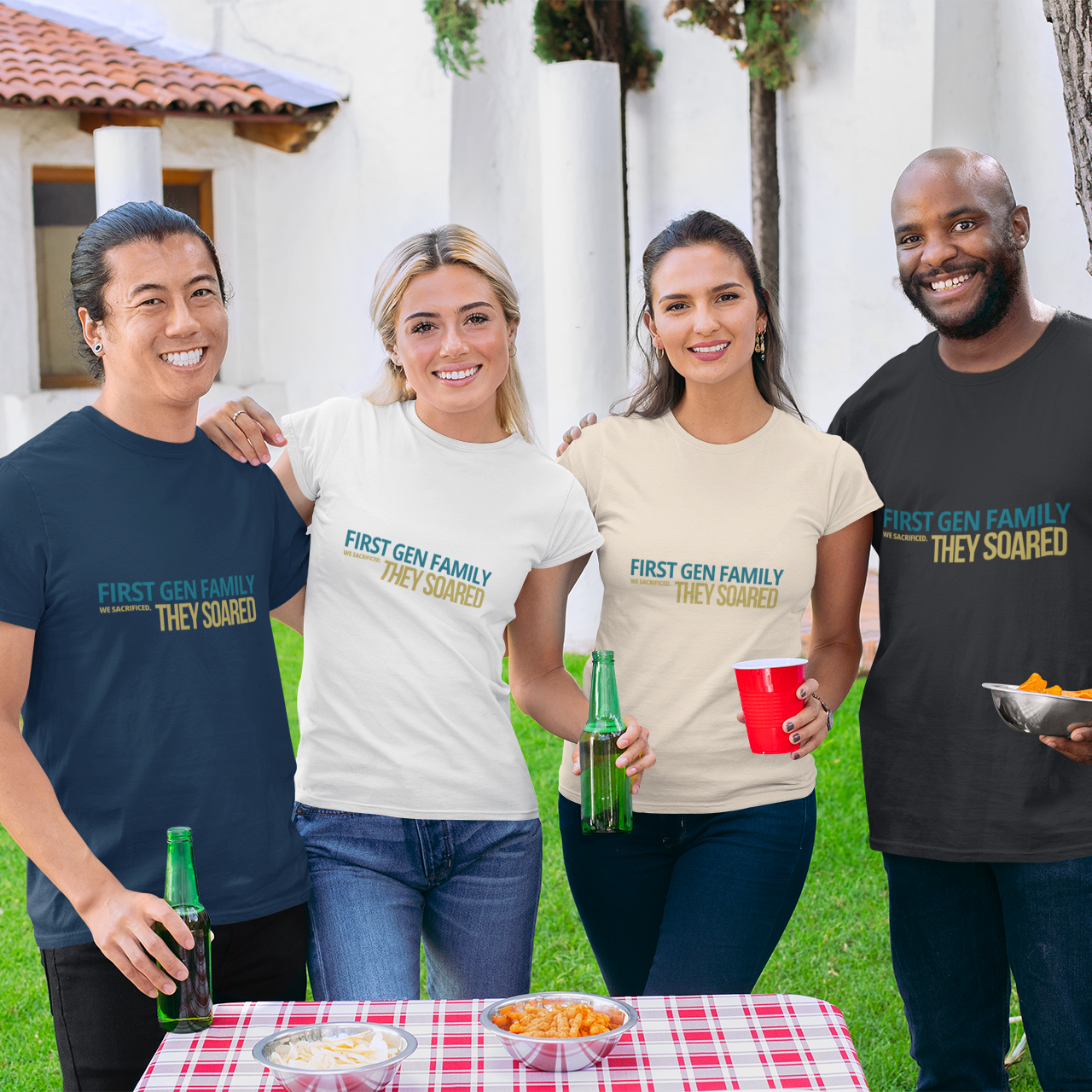Four people wearing First Gen Family They Soared tees in navy, white, cream and black — diverse family graduation streetwear — grad party outfit