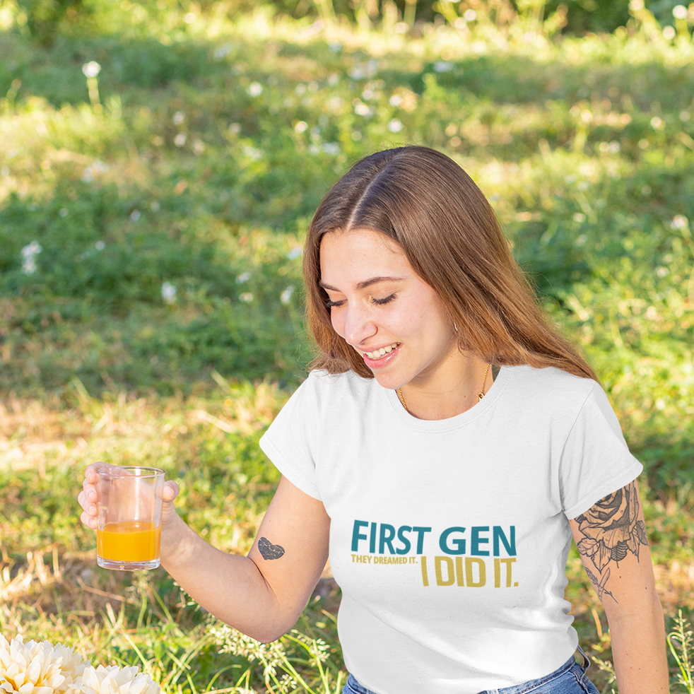 First Gen I Did It graduation tee in white — relaxed fit lifestyle shot — streetwear grad photoshoot and senior picture outfit idea
