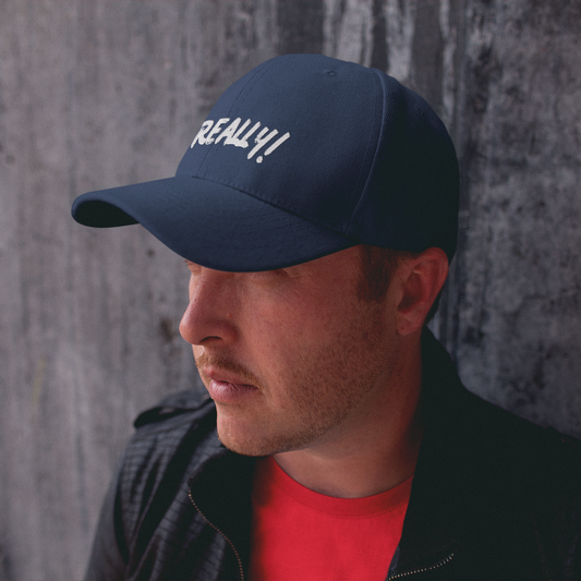 Really! black dad cap — front view worn by male model in red shirt