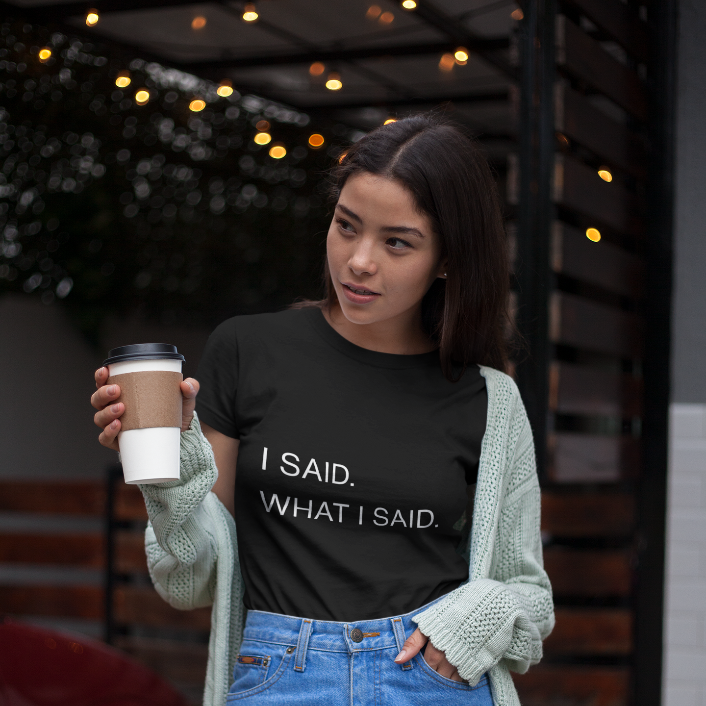 "I Said What I Said" graphic tee – woman wearing bold statement streetwear tee outdoors | Leela's Ink

