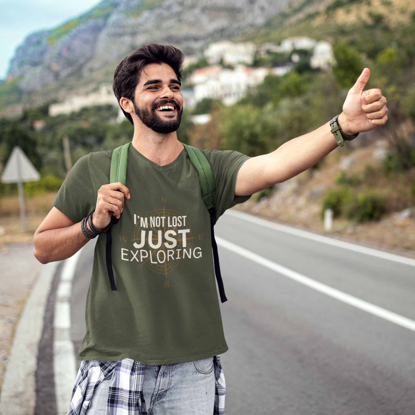 Unisex Compass Rose graphic tee — vintage nautical travel t-shirt, hitchhiking lifestyle shot